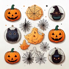 Halloween Icons Set With Pumpkins & Witch Hats