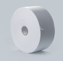 A large roll of plain white paper sits upright on a neutral surface. The setting is bright, enhancing the clean and smooth texture of the paper.