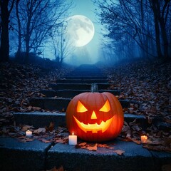 Halloween Pumpkin on Staircase Under Moon