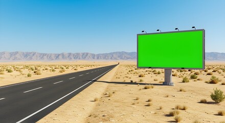 Billboard's Blank Canvas: A vast desert landscape unfolds with a billboard featuring a vibrant green screen, symbolizing limitless advertising possibilities.