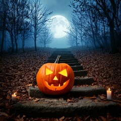 Spooky Halloween Pumpkin on Stone Stairs