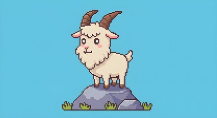 Smiling Goat on the Rock: A charming pixelated goat, perched proudly on a grey rock, smiling and showing the simplicity and cuteness of a cartoon goat.