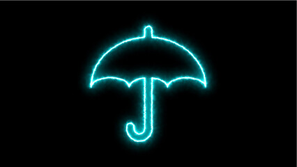 neon cyan umbrella icon glowing and emitting light isolated on a black background, representing protection and weather safety