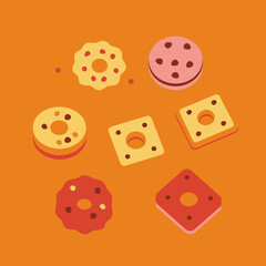 Illustrated assortment of colorful, stylized cookies with various shapes and toppings on a warm orange background.