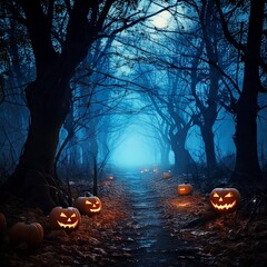 Spooky Halloween Forest Path with Glowing Pumpkins
