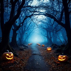 Spooky Forest Path with Jack-o'-Lanterns