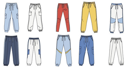 Set of colorful casual sweatpants and joggers vector illustration Fashion technical drawing of various sports trousers.