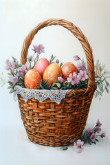Woven basket filled with colorful eggs and delicate flowers celebrates spring’s gentle beauty.