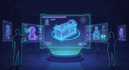 Immersive holographic museum exhibit showcasing ancient artifacts, with visitors interacting with digital displays in a futuristic setting, exploring history through technology