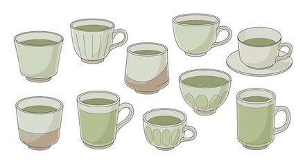 Fototapeta premium Set of various ceramic cups and mugs with green tea illustration.