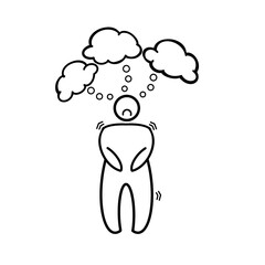 Stressed stick figure overwhelmed by negative thoughts and anxiety, feeling anxious and insecure as clouds of worry hover overhead in mental health concept