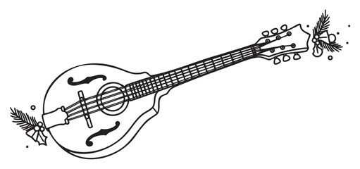 Black and line drawing of a mandolin with intricate design details on its body and headstock.