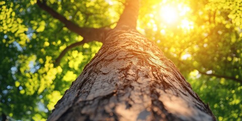 Close Up View of Towering Tree Trunk Bathed in Bright Sunlight Rays