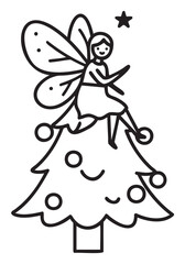 Fototapeta premium Black outline vector icon of a fairy with wings sitting on top of a decorated christmas tree, with a small star above.