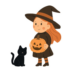 Cute little witch with pumpkin and black cat, Halloween vector illustration. Perfect for Halloween designs, greeting cards, stickers, and decorations