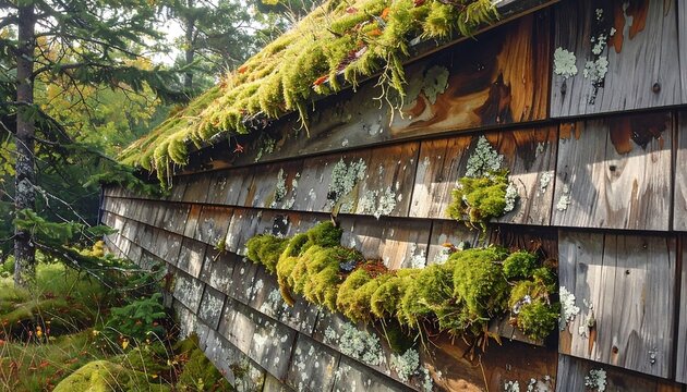 Weathered Wooden Cabin Roof with Green Moss and Nature Details - Powered by Adobe