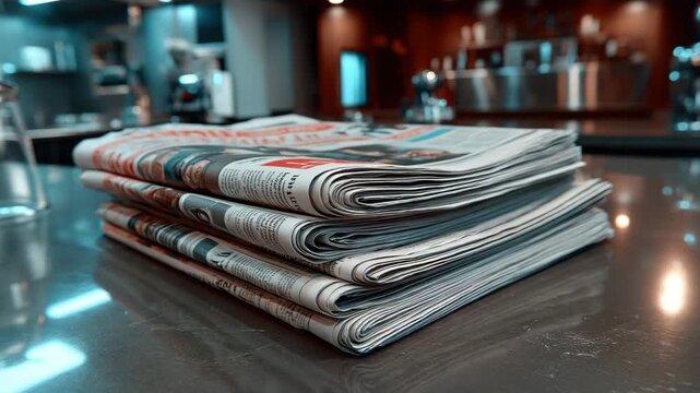 Stacked newspapers on a cafe table in a modern setting showing current events and daily news