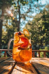 Vibrant pitcher of iced tea with fresh fruit slices on sunny outdoor table for summer gatherings