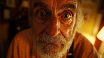 Senior Adult Male Gazing Directly at Viewer in Comfortable Home Setting