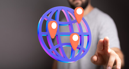 Visual of worldwide connectivity, location tracking, global reach, and digital mapping. Ideal for tech, travel, and business.