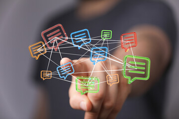 Conceptual image of a network of messages and communication visualized digitally. Representing connection, sharing and communication.