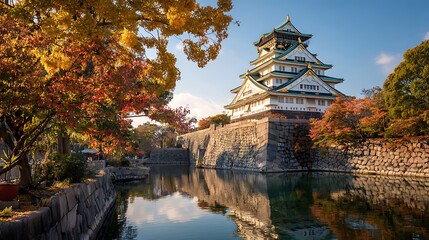 Obraz premium Elegant photo of osaka castle in autumn with colorful leaves and water reflection in japan.