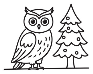 Fototapeta premium Black outline vector icon of a simple owl with wide eyes standing next to a triangular fir tree. minimal linear illustration for wildlife and nature concepts.