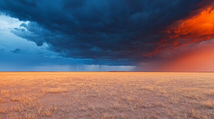 Dramatic Rainstorm Pouring Over Vast Arid Desert Landscape Evoking Renewal and Hope in Nature