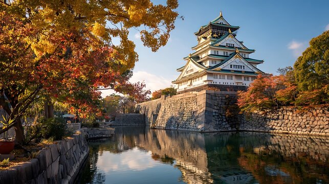 Elegant photo of osaka castle in autumn with colorful leaves and water reflection in japan.
