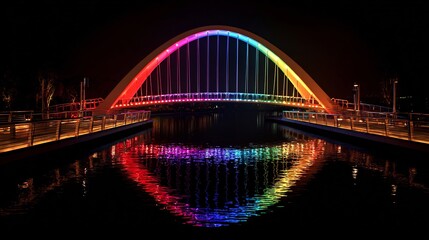 Naklejka premium Vibrant Modern Arch Bridge Illuminated with Rainbow Colors at Night Reflecting in Calm Water