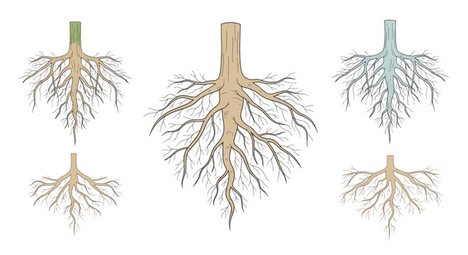 Botanical illustration set of different tree roots.