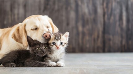 Adorable puppy and kitten playing together in joyful companionship and friendship moment