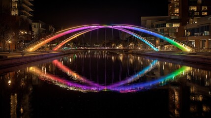 Colorful illuminated arch bridge reflecting vibrant lights in calm urban canal water at night, surrounded by modern city buildings.