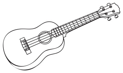 Black outline of a simple four-string ukulele with detailed depiction of the body and fretboard.