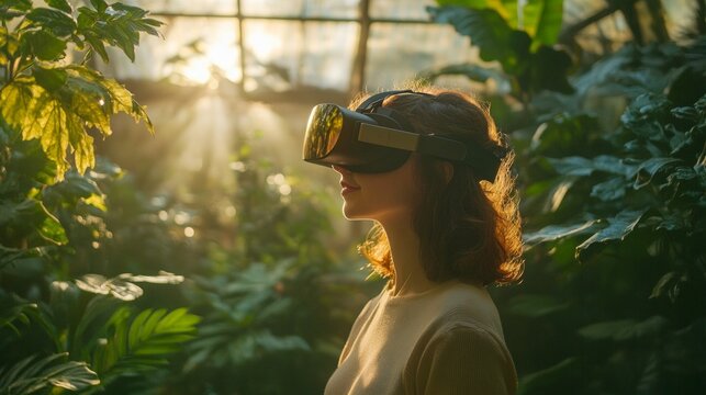 A woman wearing VR glasses surrounded by greenery, demonstrating virtual reality and interaction with nature, relevant for materials on virtual reality technologies 