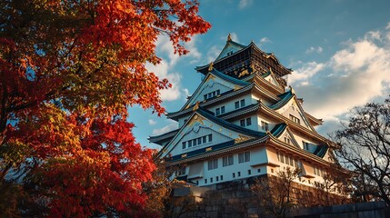 Fototapeta premium Nice photo of osaka castle in autumn with colorful leaves and cloudy sky in japan.