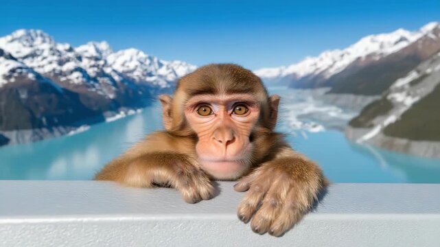 Monkey resting by a glacial lake with mountains in the background on a sunny day