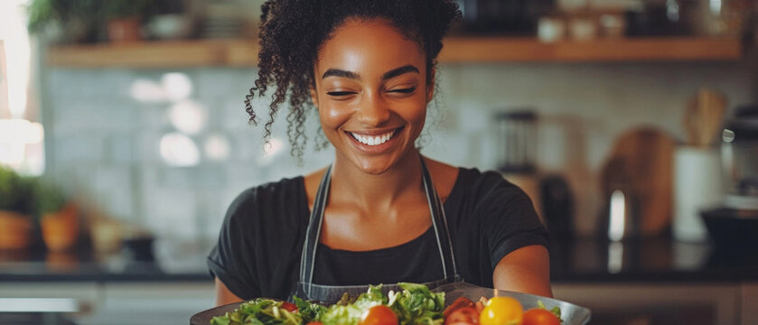 A smiling woman in an apron holds a plate of fresh vegetables, conveying the joy of healthy eating — perfect for cooking blogs and advertisements promoting a healthy lifestyle.