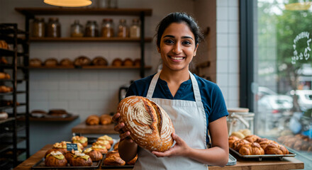 Smiling baker holding fresh artisan bread in her bakery