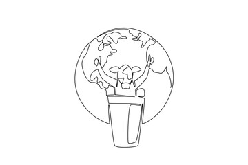 Single one line drawing a cow stands behind glass of milk with thumbs up gesture and a globe background. Ease of access to drink milk of cow. World Milk Day Continuous line design graphic illustration