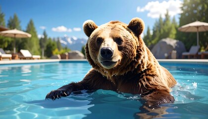 A large brown animal relaxes in a swimming pool on a sunny day, with a backdrop of mountains and trees. Two sun umbrellas are seen poolside