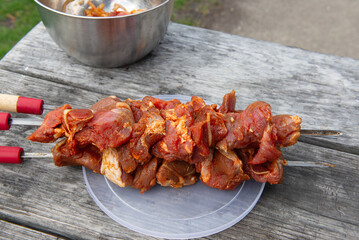 Raw marinated meat on skewer for barbecue