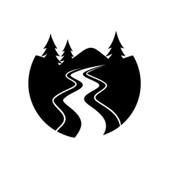 River flowing through mountains and trees on transparent background silhouette