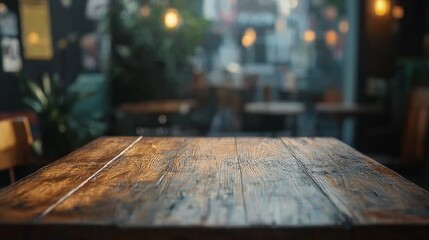 Empty rustic wooden table surface in blurred restaurant interior with soft bokeh lights background