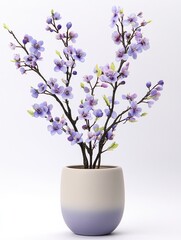 Vibrant Blue and Purple Flower Arrangement with Sprouting Green Branches in Ceramic Pot Creating Warm Atmosphere