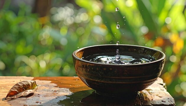 Water droplets impacting a bowl of water, with a leaf and green background