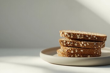 Neatly Stacked Pile of Whole Grain Bread Slices on a Plate Showcasing Hearty Texture and Rich Brown Color