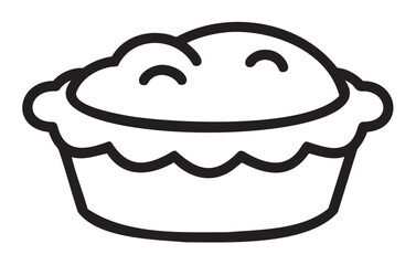 Black outline vector icon of a simple, smiling pie with a wavy crust top, perfect for dessert, bakery, and cooking themes.
