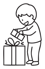 Black outline illustration of a young caucasian child excitedly unwrapping a large gift box with a ribbon bow on top.