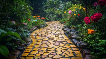 Serene Garden Pathway Lined with Vibrant Yellow Cobblestones in Lush Natural Surroundings